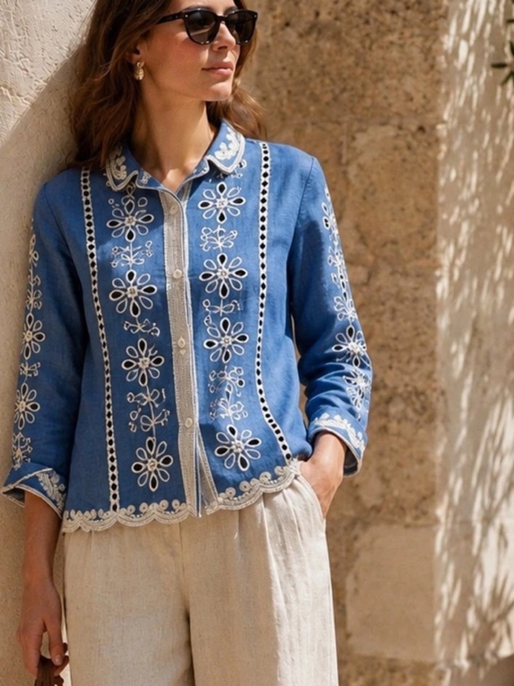 55F.From France 🇫🇷 Blue Embroidered Floral Button-Front light Jacket